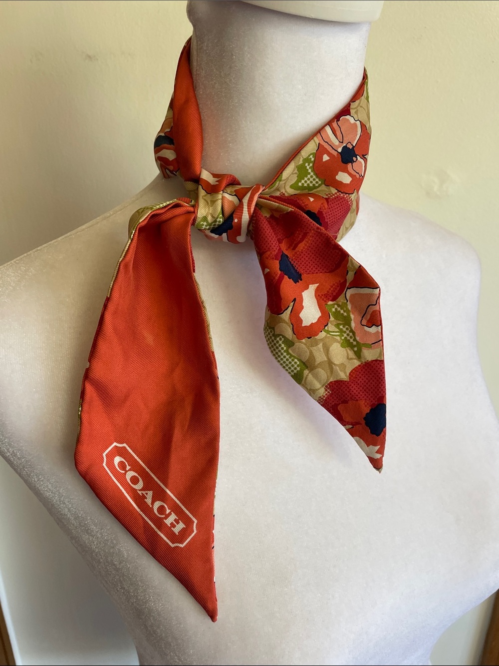 COACH Orange Floral Silk Twilly Skinny Scarf with White Monogram Logo - Picture 11 of 15